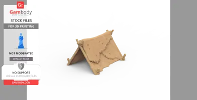 A small 3D model of a rustic A-frame tent with a cloth roof, designed for 3D printing.