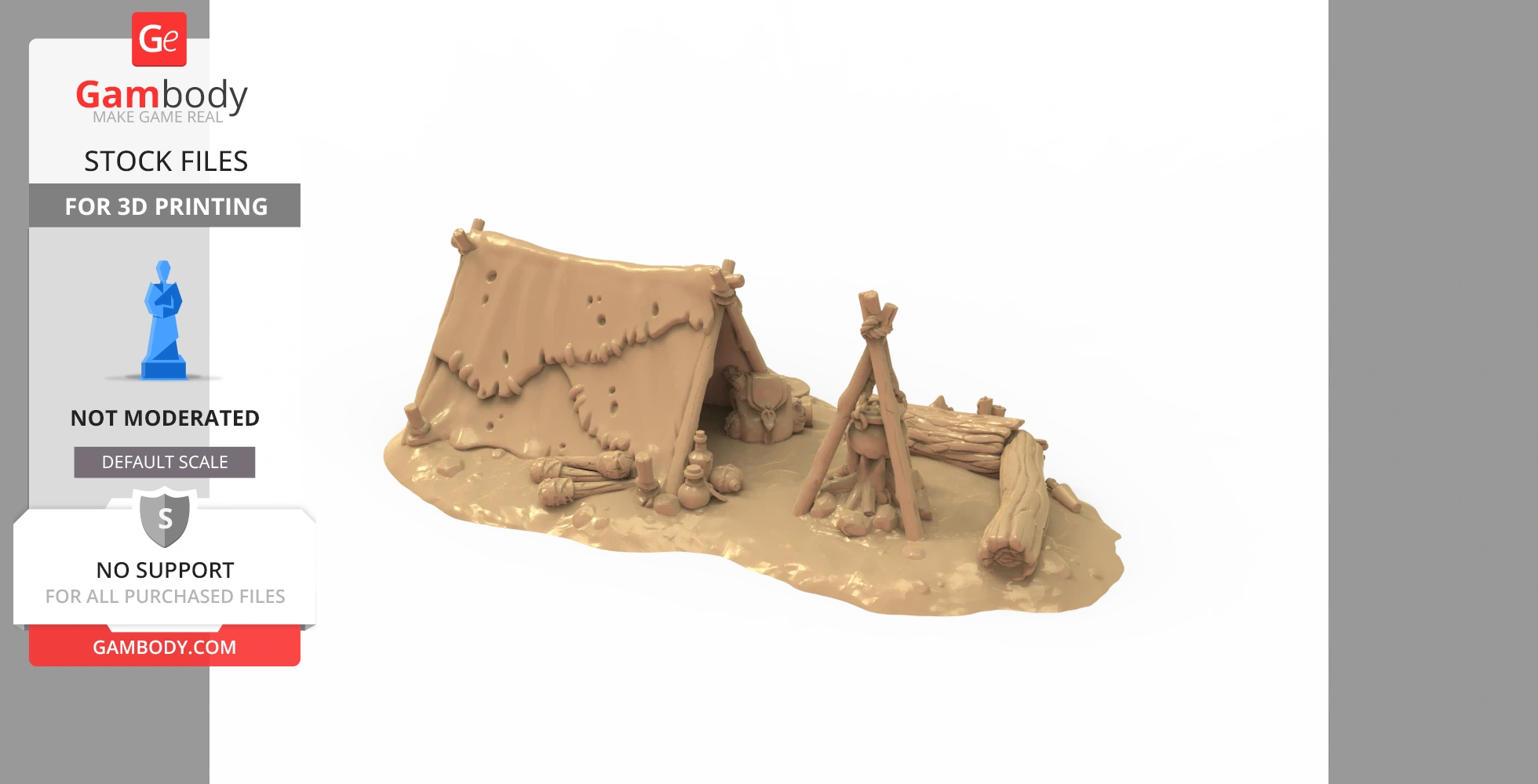A 3D model of a campsite with a tent, campfire, logs, and gear for 3D printing.