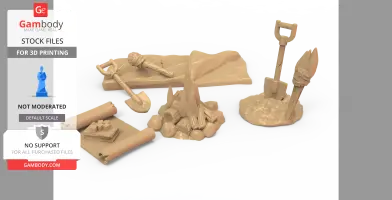 3D printing models of a campfire, tools, and rolled maps from an adventurer's pack.