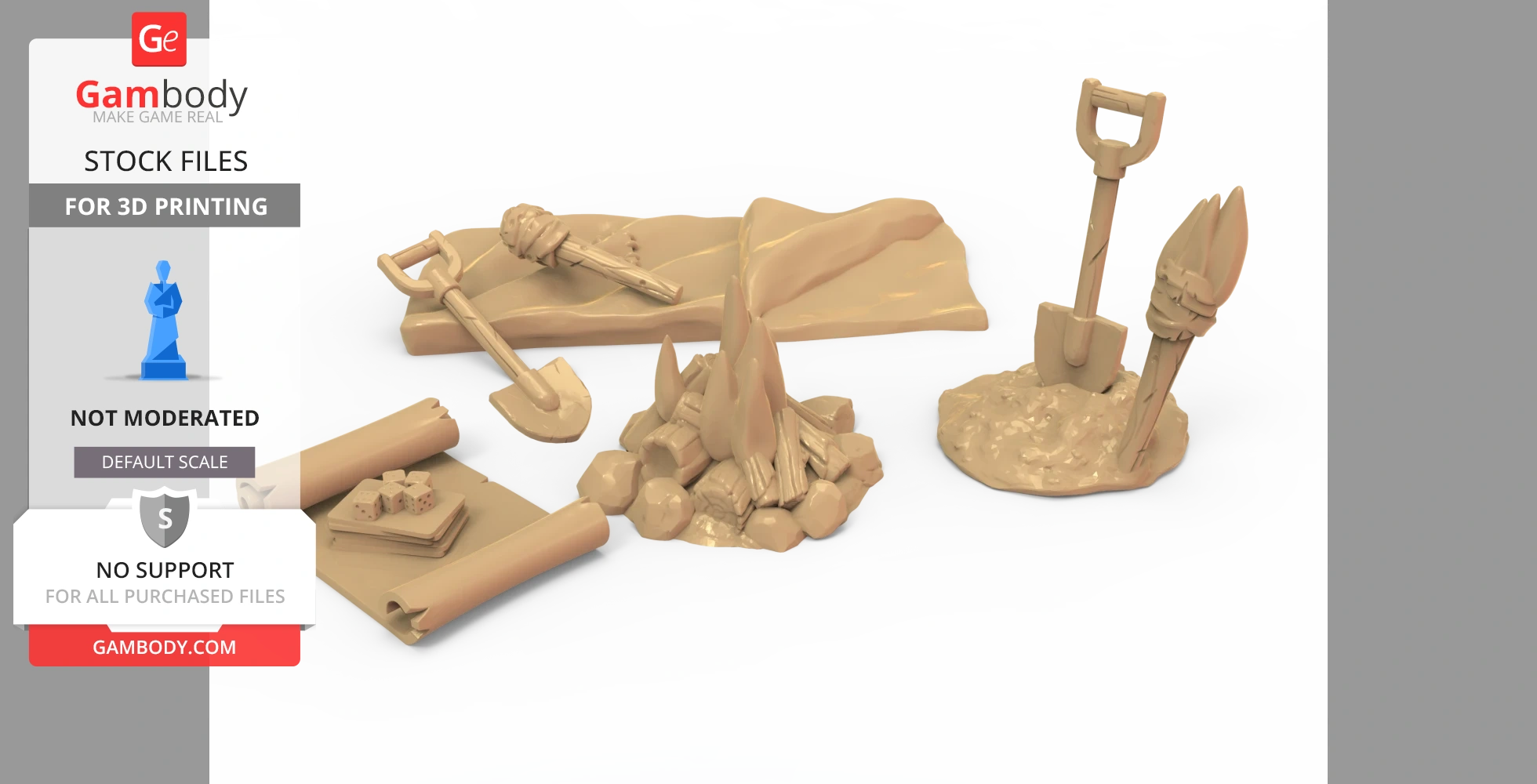 3D adventurer's gear: scrolls, dice, campfire, bedroll, shovel, and spear for 3D printing.