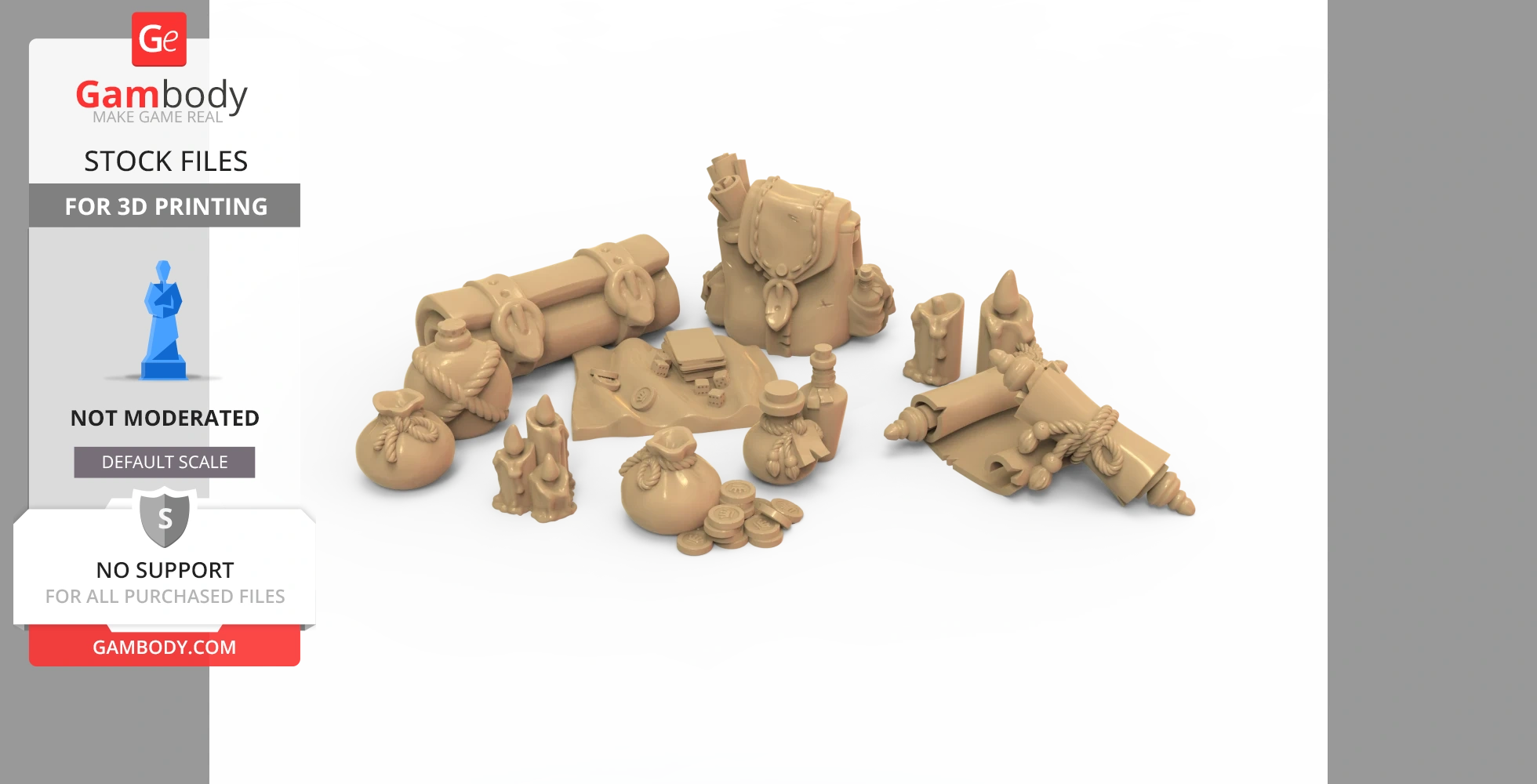 A set of 3D printed adventurer's gear including bags, scrolls, coins, and potions.