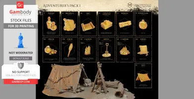 3D printable adventurer items: backpack, map, bedroll, campfire, tent, potion, flask, shovel, torch.
