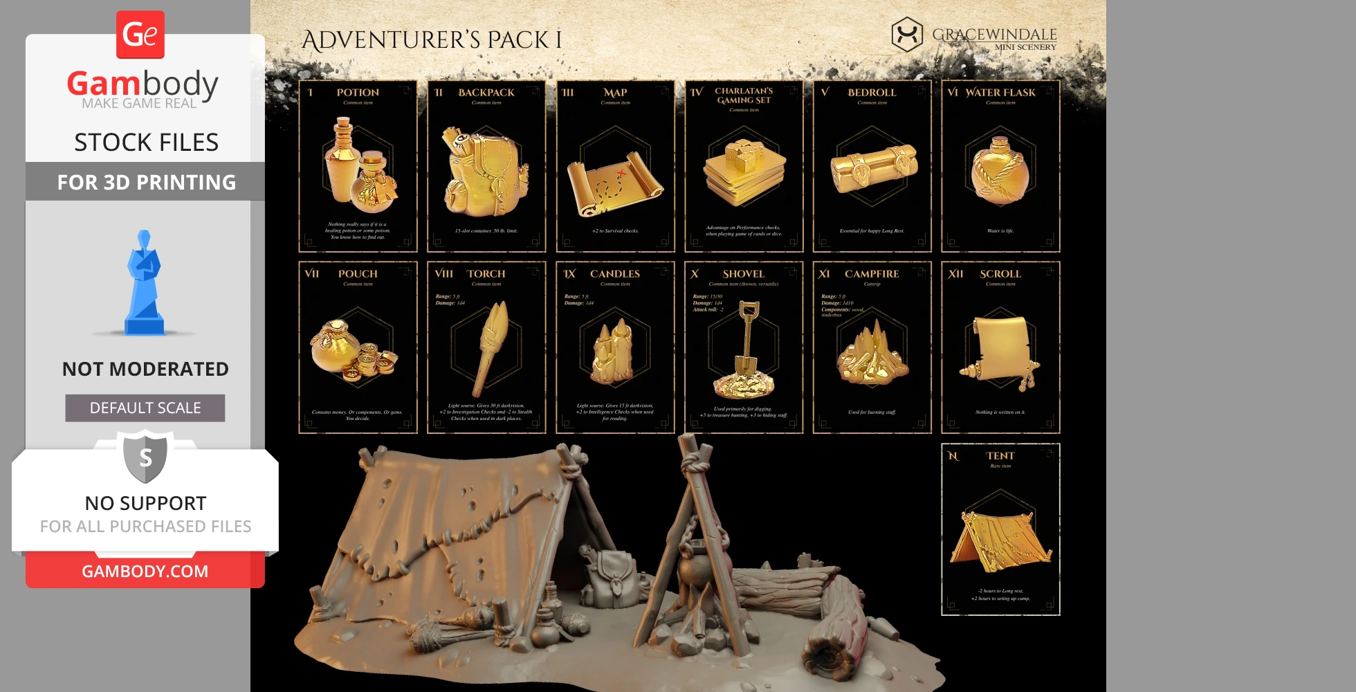 Collection of 3D printable fantasy adventurer gear, including a backpack, map, tent, and campfire setup.