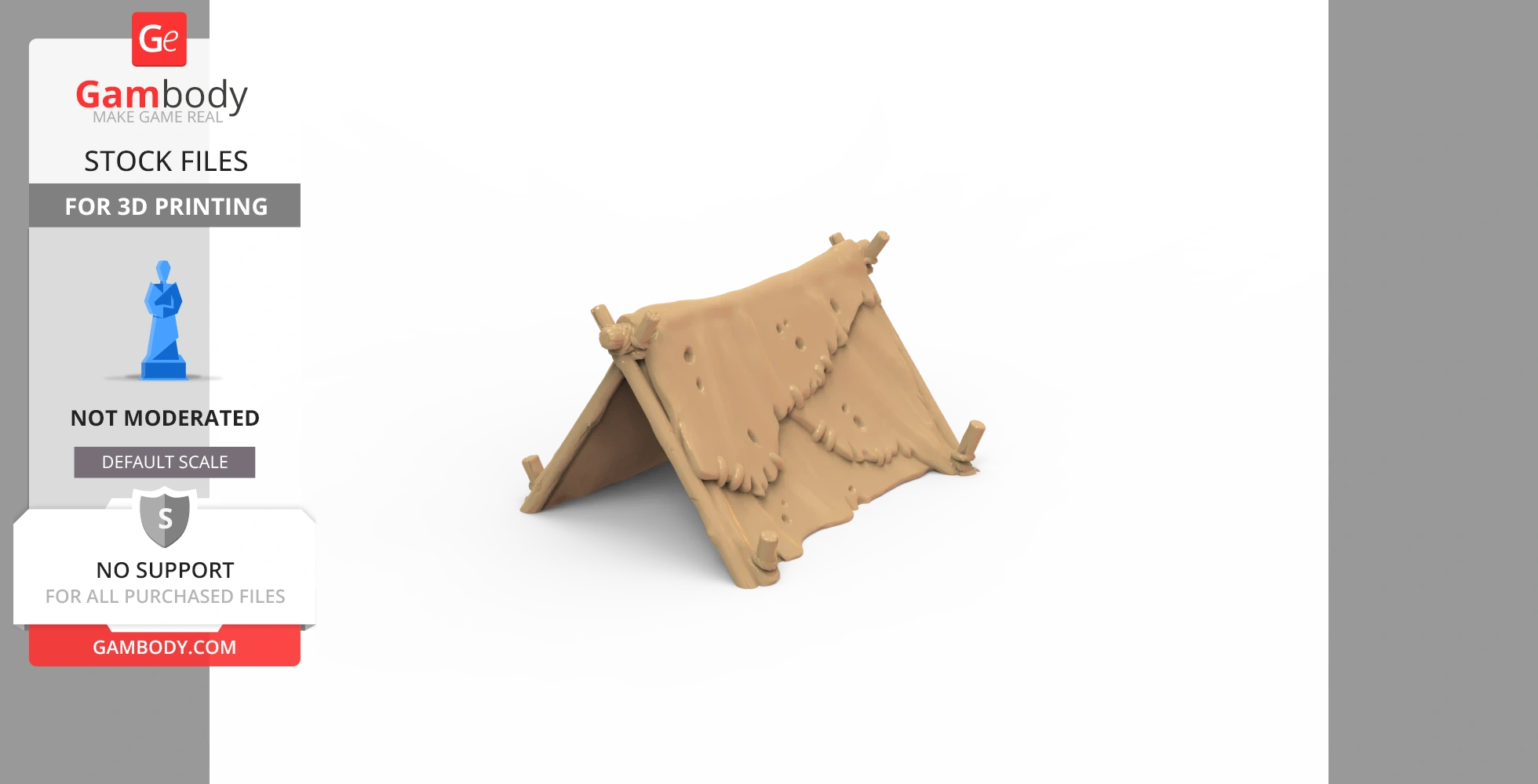 A 3D printable model of a small, rustic A-frame tent with textured canvas and wooden supports.
