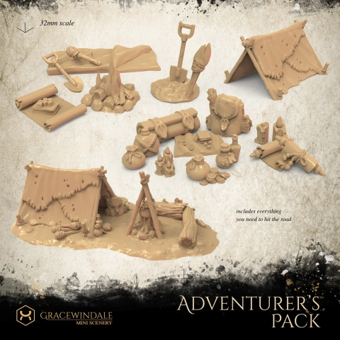 A collection of miniature adventurer's gear for 3D printing, including tents, tools, and supplies.