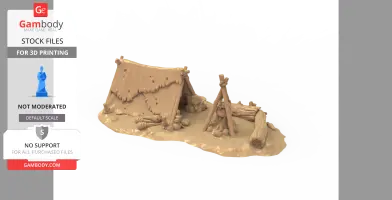 A 3D model of a campsite with a tent, campfire, logs, and gear for 3D printing.