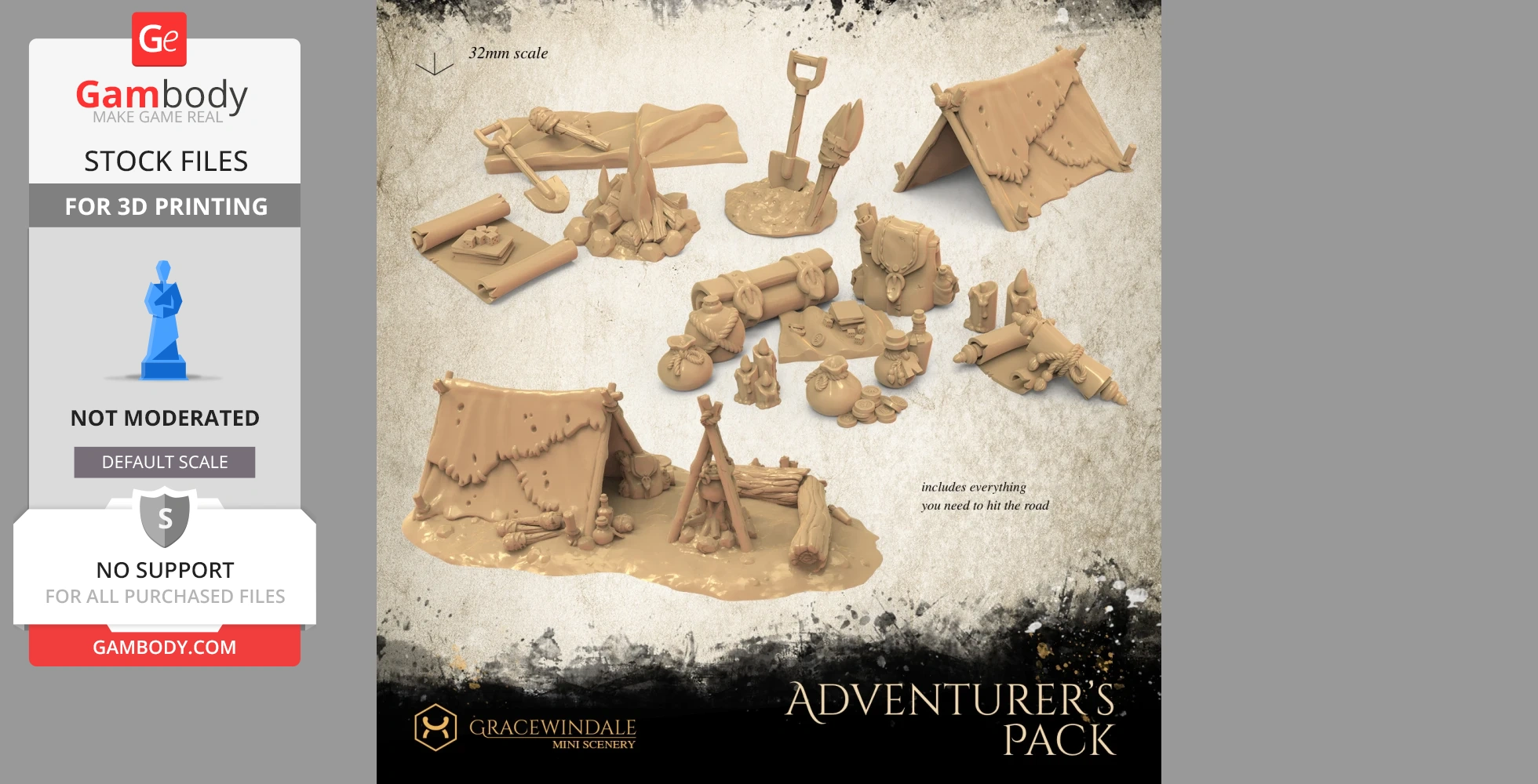 Collection of miniature 3D models: tents, campfire, tools, and supplies for an adventurer's scene.