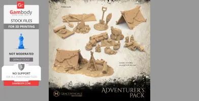 3D printed adventurer's gear: tents, campfire, bags, tools, and supplies for tabletop gaming.