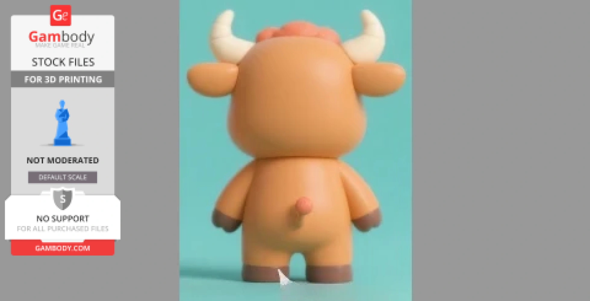 A cute, cartoonish 3D model of a bull with horns, seen from the back, designed for printing.