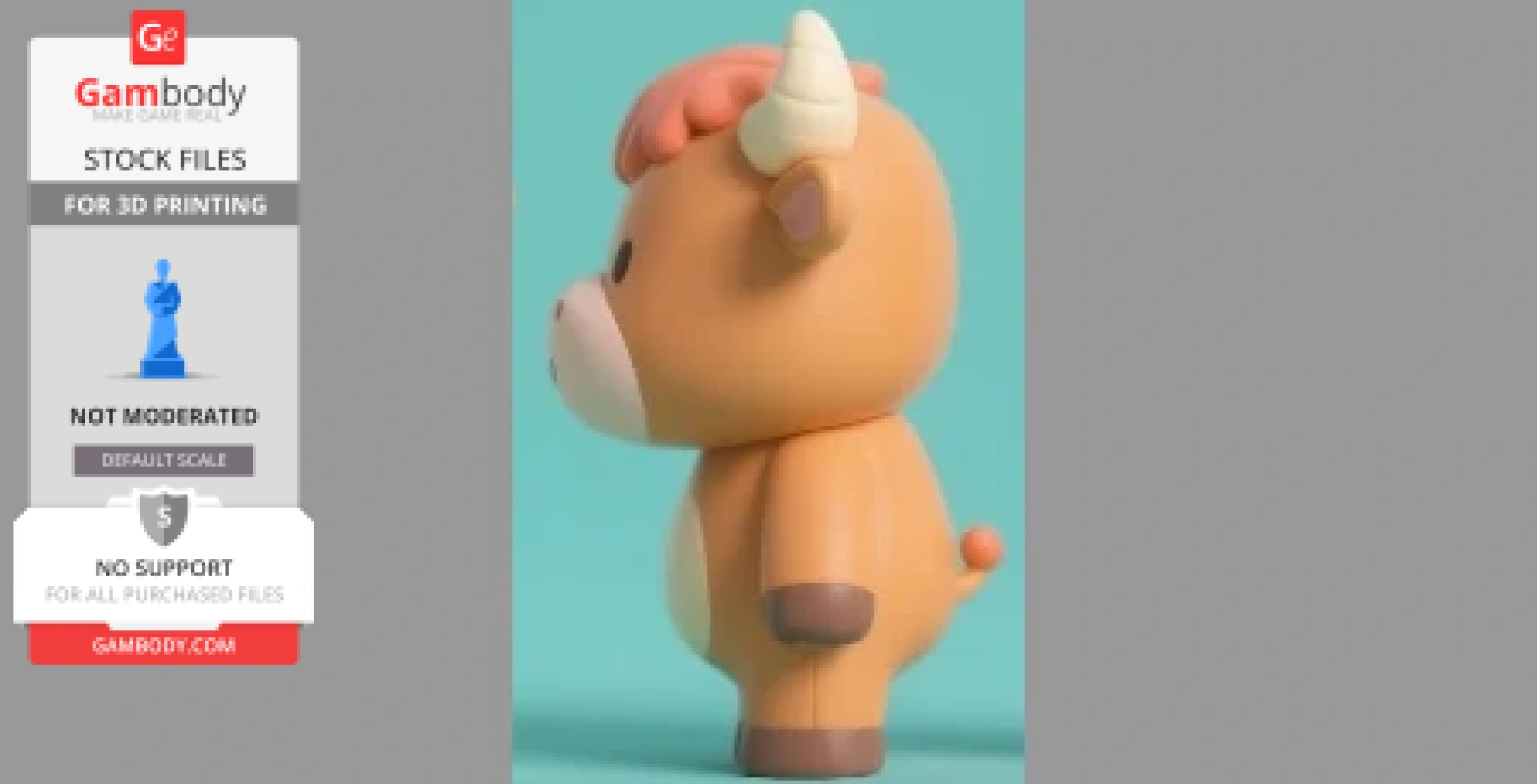 Cute cartoon cow with small horns and a round body, displayed in a side profile.