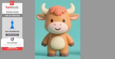 Cute cartoon cow figurine with horns, pink snout, and a smiling face, designed for 3D printing.