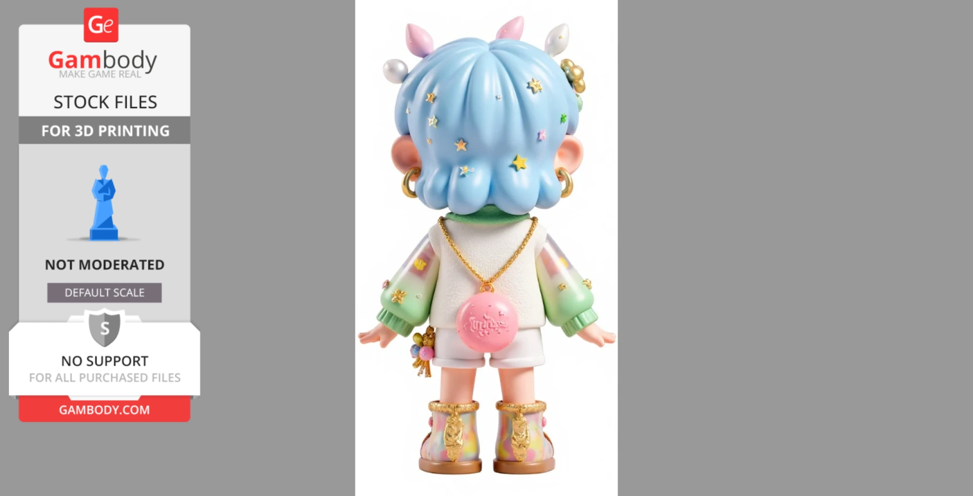 A colorful 3D character with blue hair, star decorations, wearing a pastel outfit with a spherical pink bag.