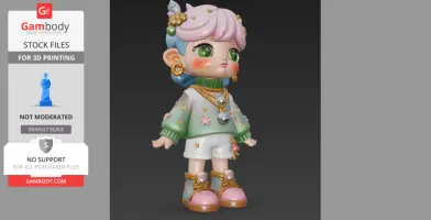 Colorful chibi-style figure with pastel hair, oversized sweater, shorts, and jewelry, designed for 3D printing.