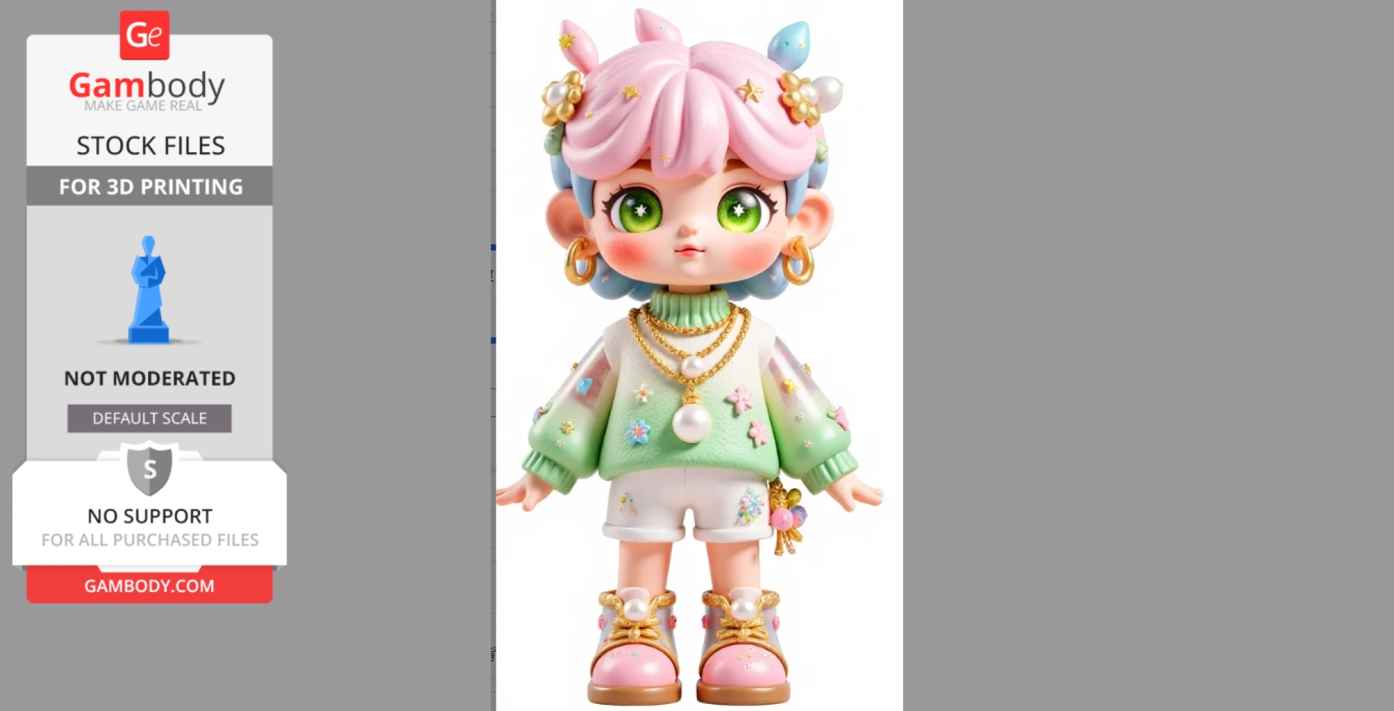 A cute 3D character with pink hair, green eyes, a green sweater, white shorts, and pink boots.