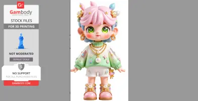 A cute 3D character with pink hair, green eyes, a green sweater, white shorts, and pink boots.