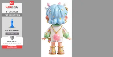 A colorful 3D character with blue hair, star decorations, wearing a pastel outfit with a spherical pink bag.