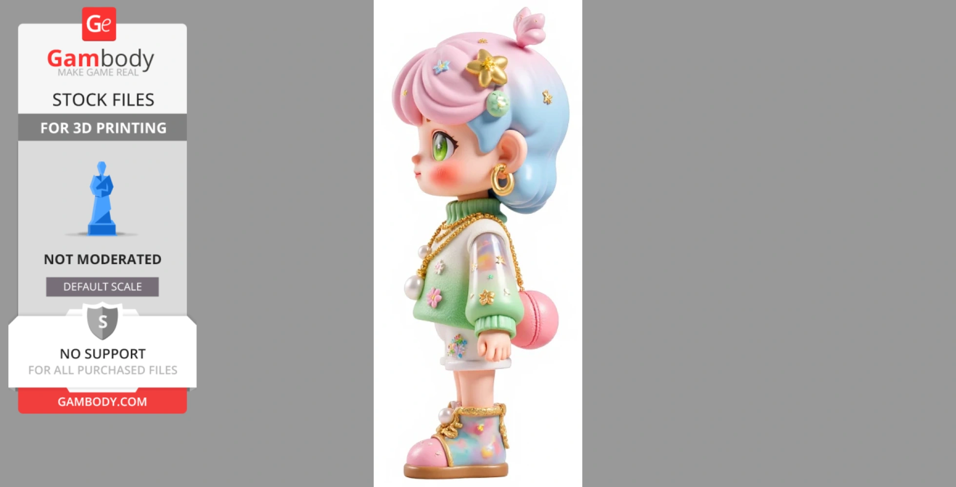 Colorful chibi figure with pastel hair, green sweater, and pink shoes, designed for 3D printing.