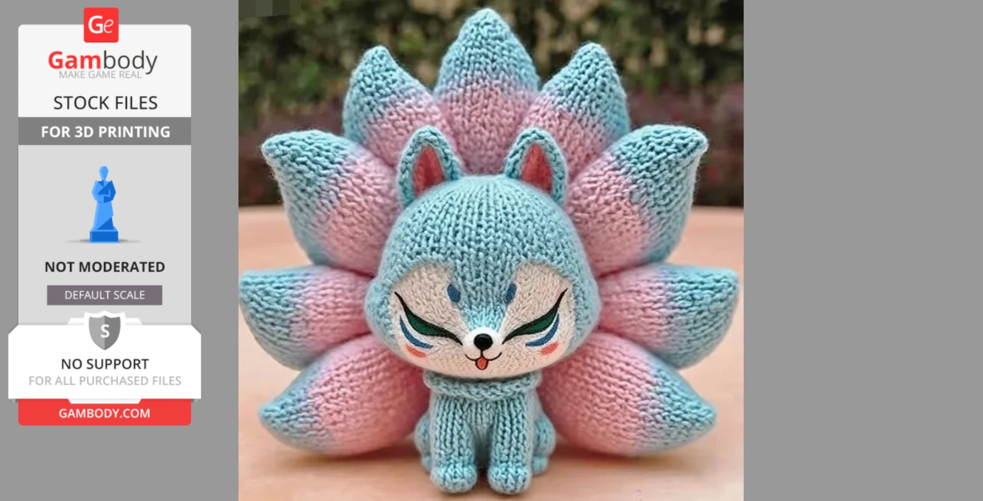Crocheted blue and pink nine-tailed fox with closed eyes and playful expression.