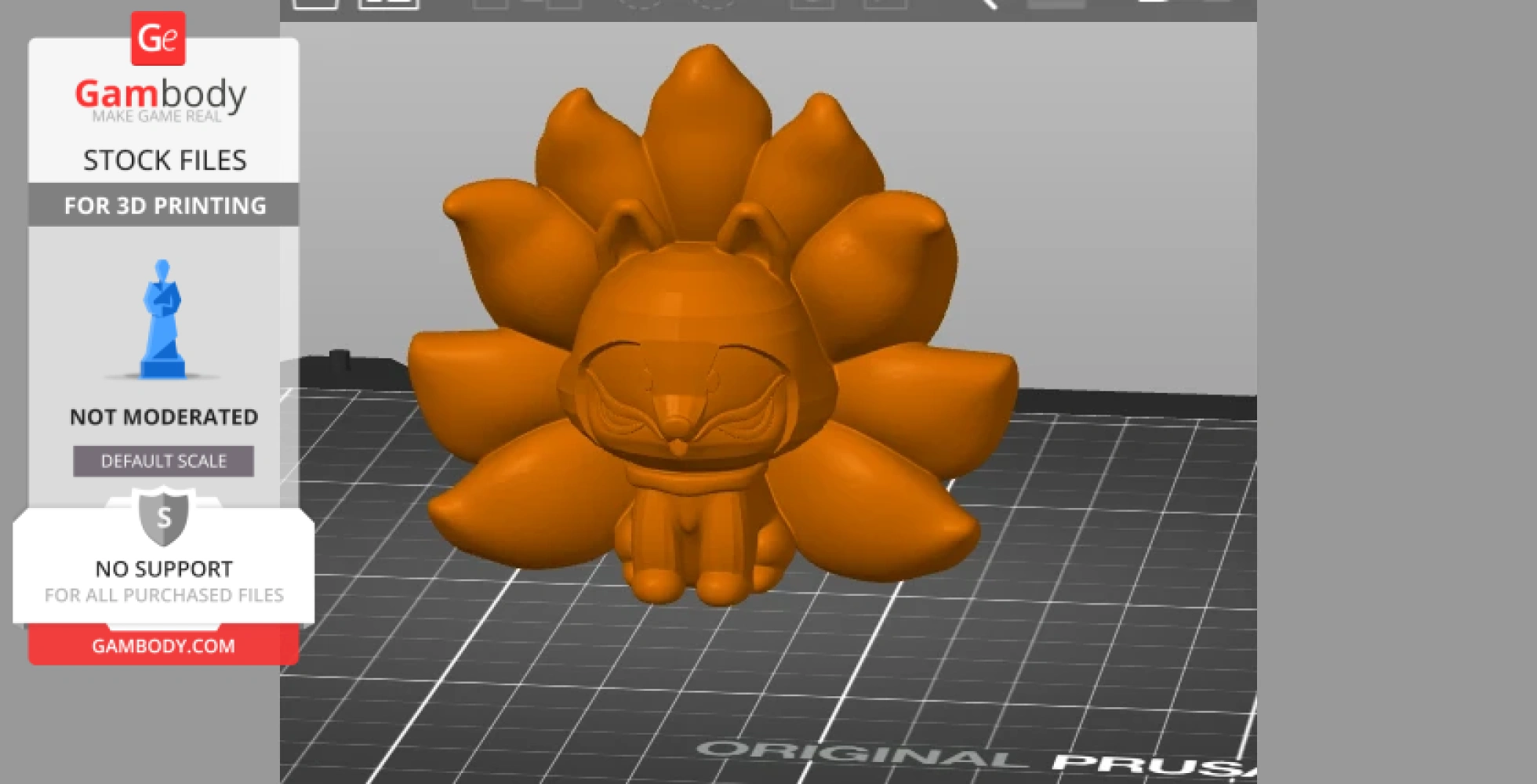 Chibi-style nine-tailed fox 3D model, smooth orange design, standing on a grid platform.