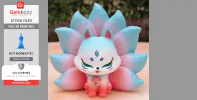 A cute, stylized nine-tailed fox figure with blue and pink accents, ideal for 3D printing.