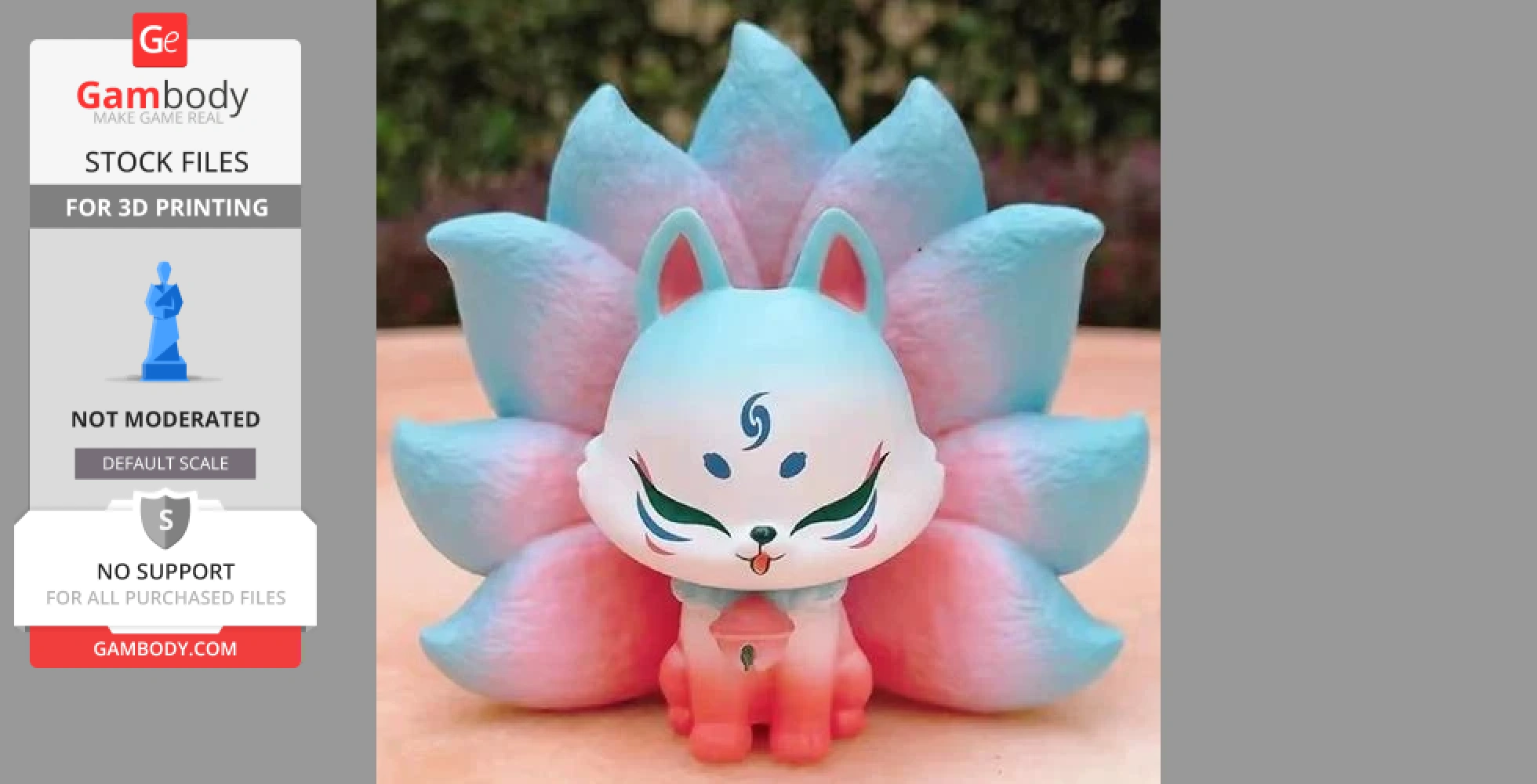 A cute, stylized nine-tailed fox figure with blue and pink accents, ideal for 3D printing.