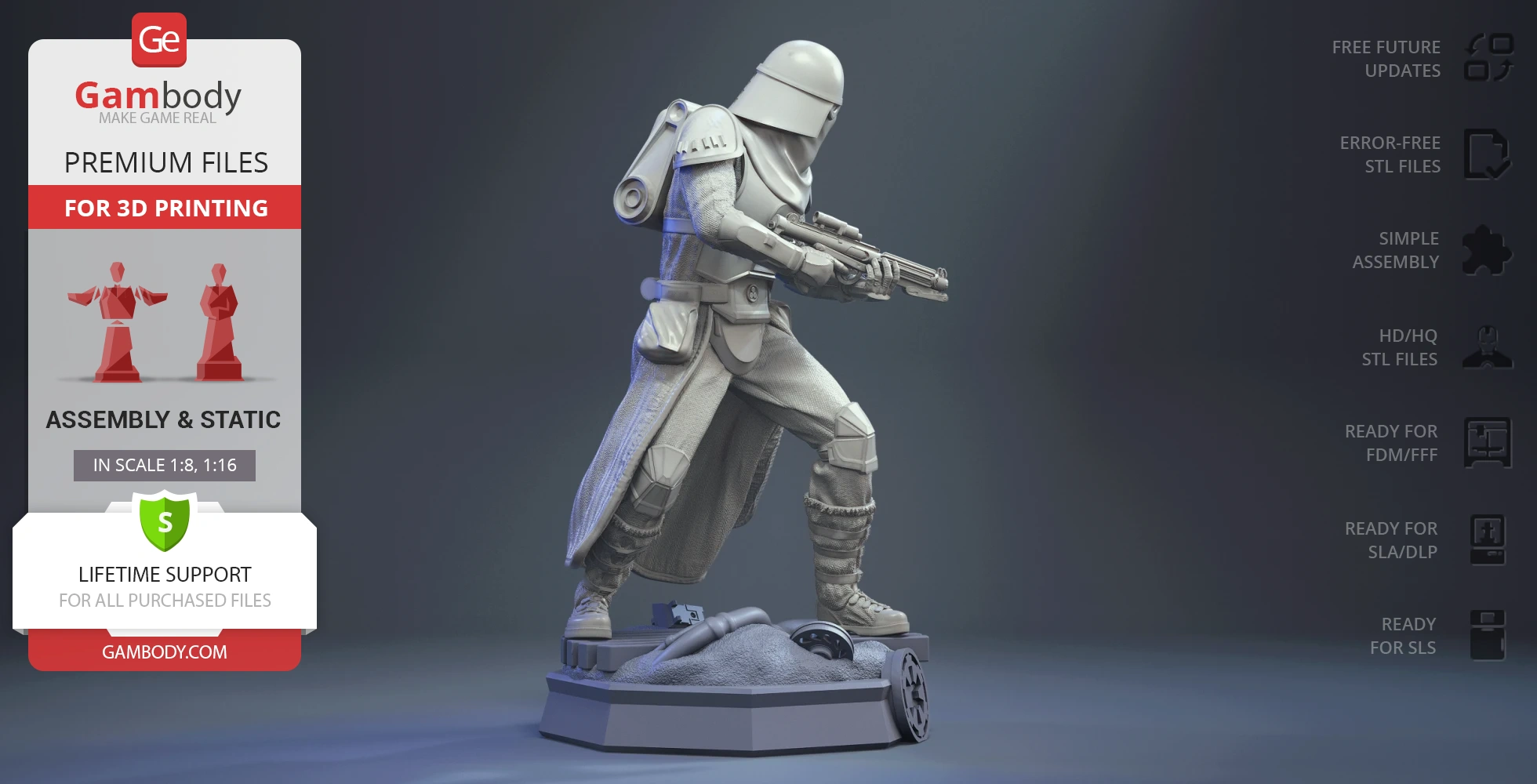 A detailed 3D model of a Snowtrooper in an action pose, ready for 3D printing.