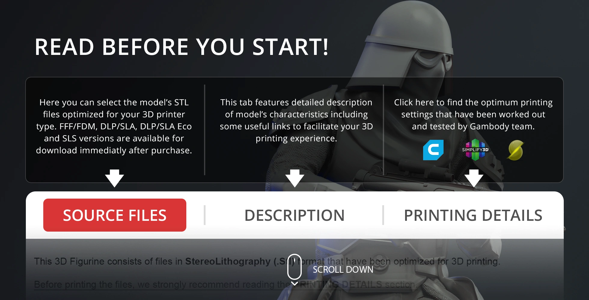 Snowtrooper 3D model info page with details on STL files, descriptions, and printing settings options.