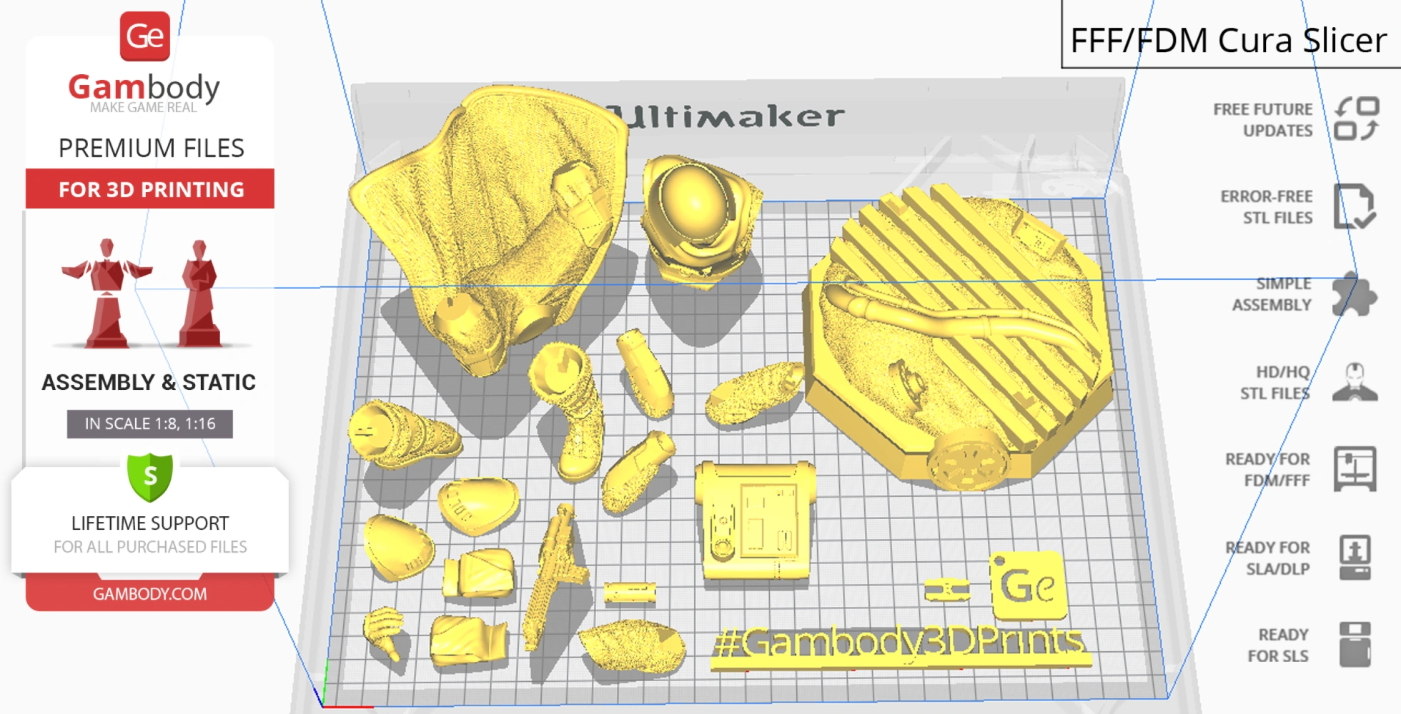 Yellow Snowtrooper 3D model parts arranged on a Cura slicer grid for printing.