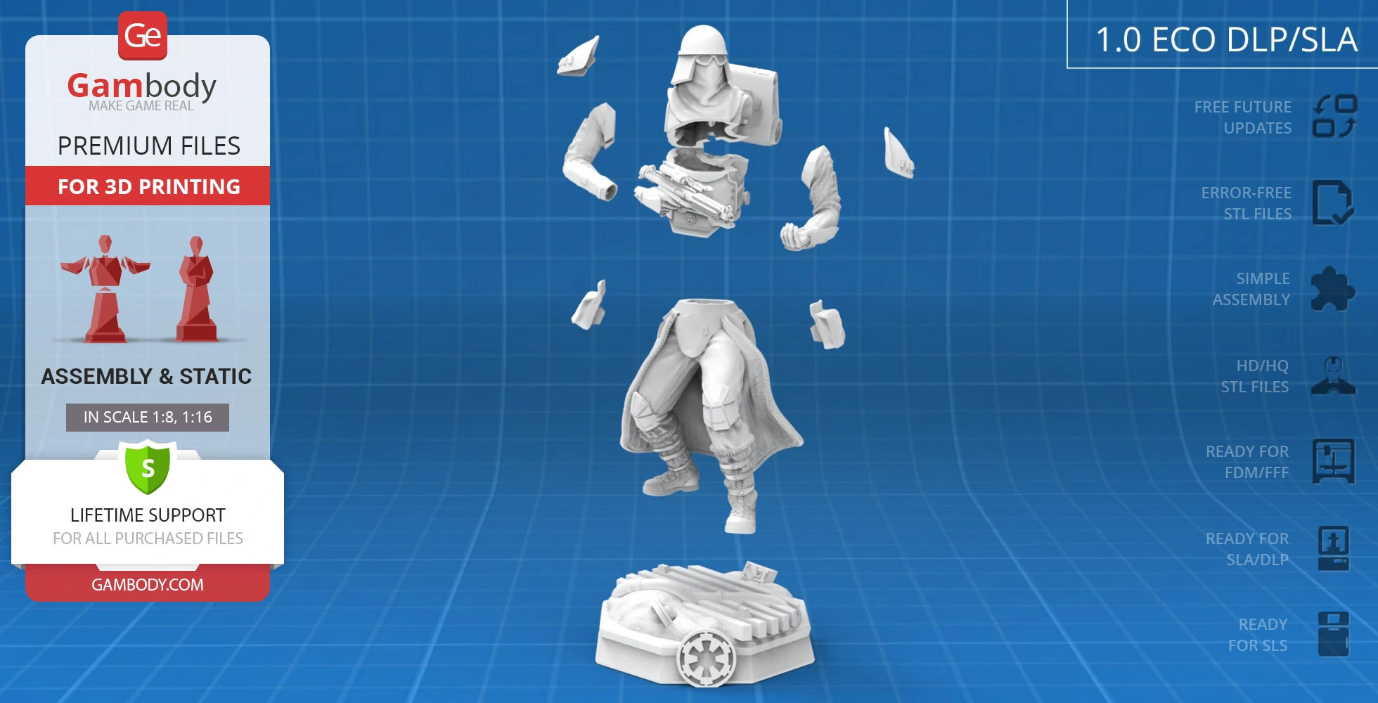 Disassembled Snowtrooper 3D model for printing, featuring separate body parts on a blue grid background.