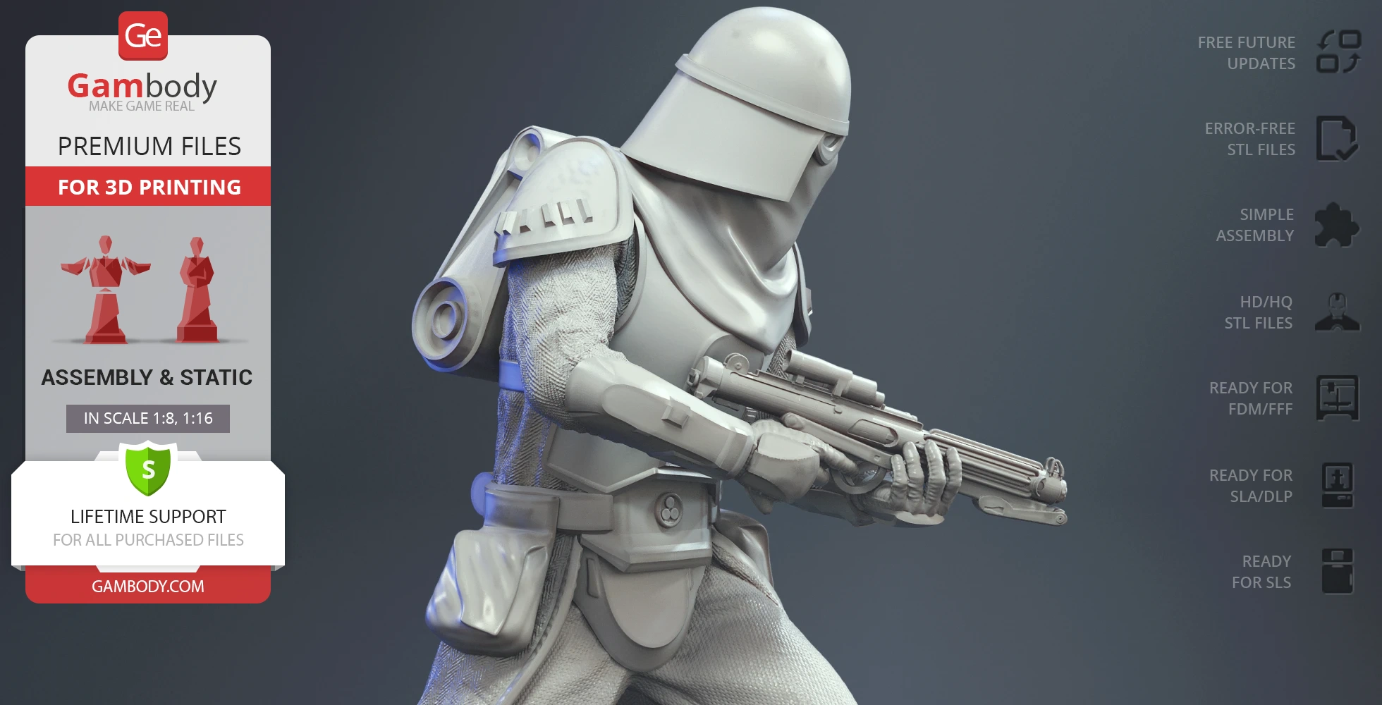 3D model of a Star Wars Snowtrooper in armor, holding a blaster, ready for 3D printing by Gambody.