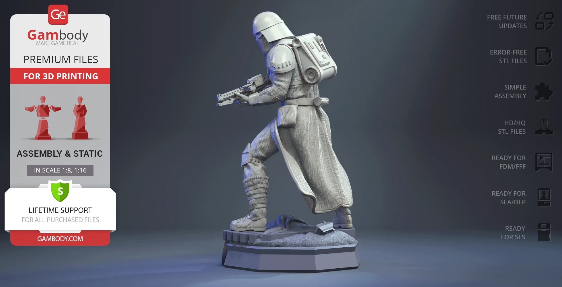 A 3D-printed Snowtrooper figure from Star Wars, posed with a gun, on a display stand.