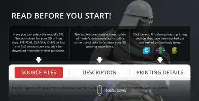 Snowtrooper 3D model info page with details on STL files, descriptions, and printing settings options.