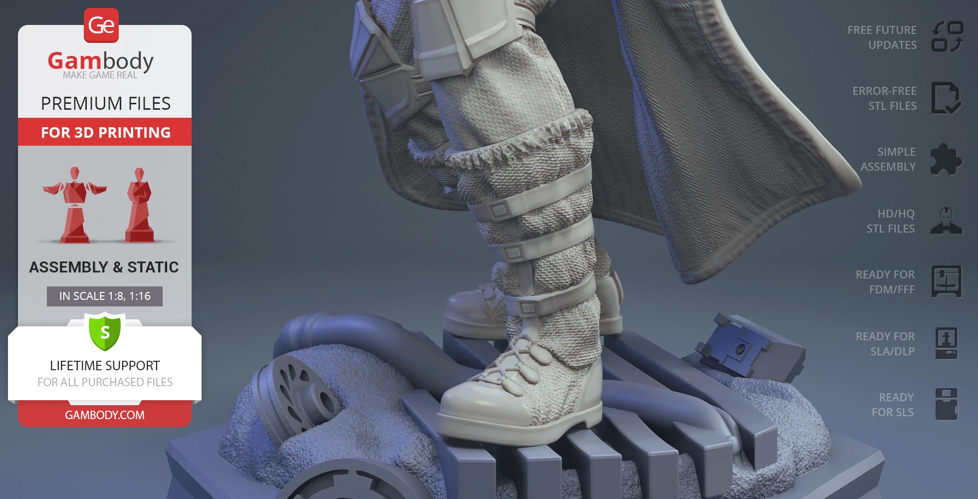 A detailed 3D model of a Snowtrooper's legs with boots and textured cloak on a rugged base.