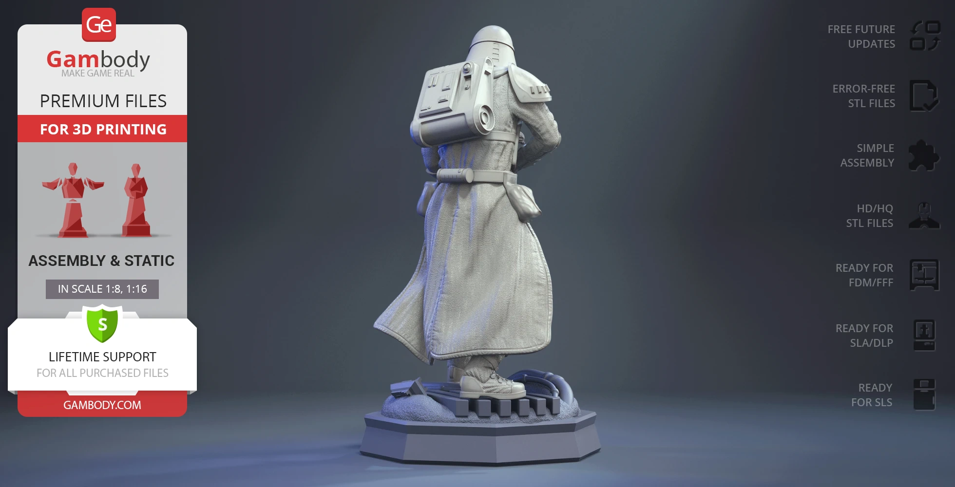 A detailed 3D Snowtrooper from Star Wars, posed on a textured base for 3D printing.