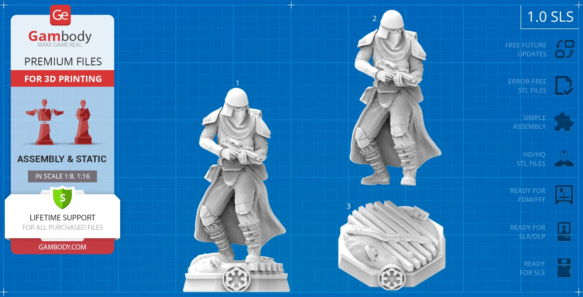 3D print model of a Snowtrooper from Star Wars, featuring a detailed figure and base, ready for assembly.