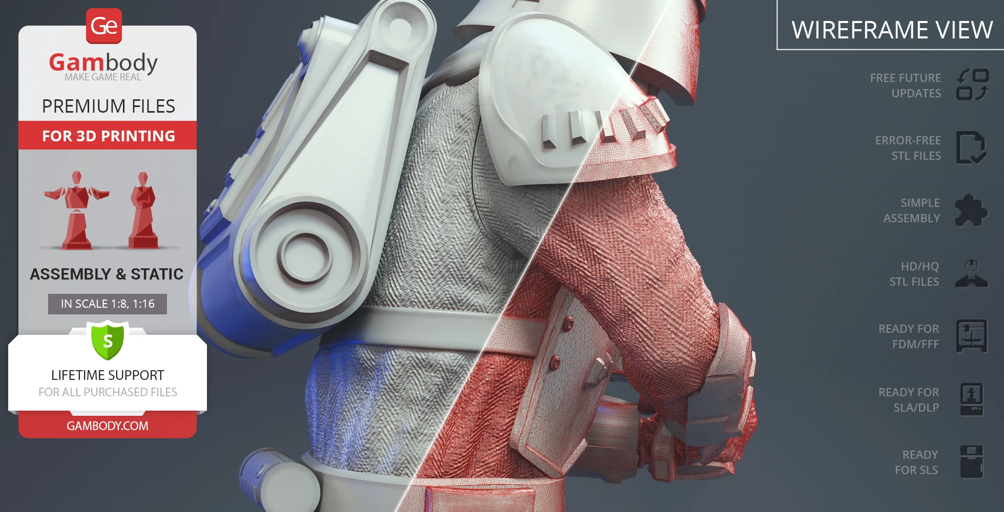 A 3D model view of a Snowtrooper from Star Wars, showcasing a textured and wireframe split.
