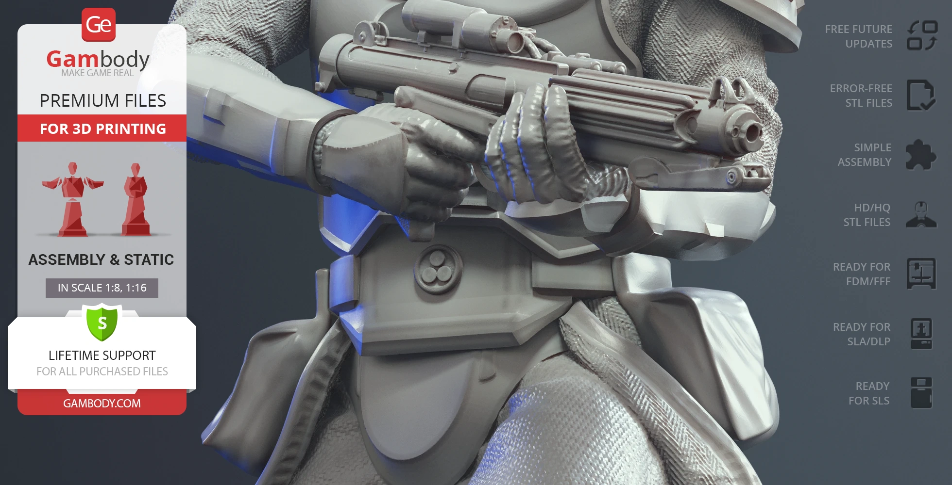Detailed 3D Snowtrooper model for printing, showcasing armor and blaster.