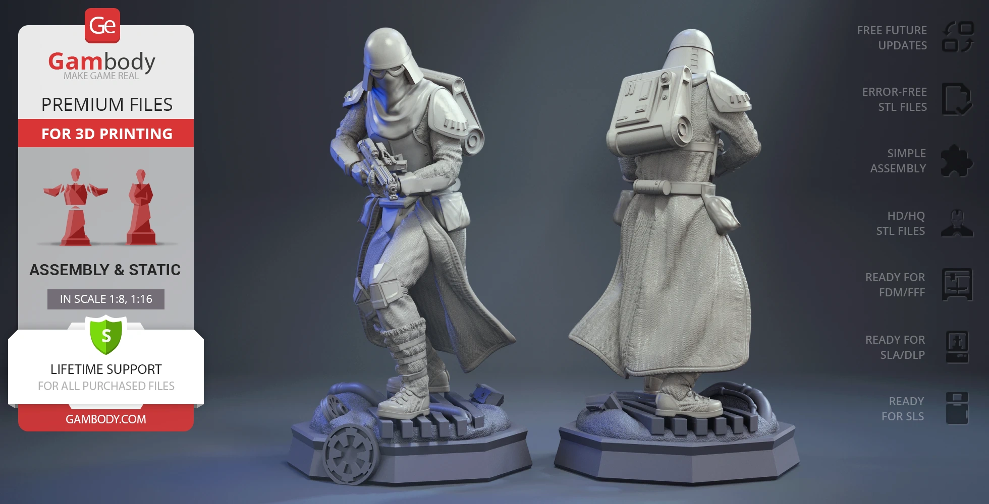 A detailed 3D model of a Star Wars Snowtrooper, posed on a themed base, ready for 3D printing.