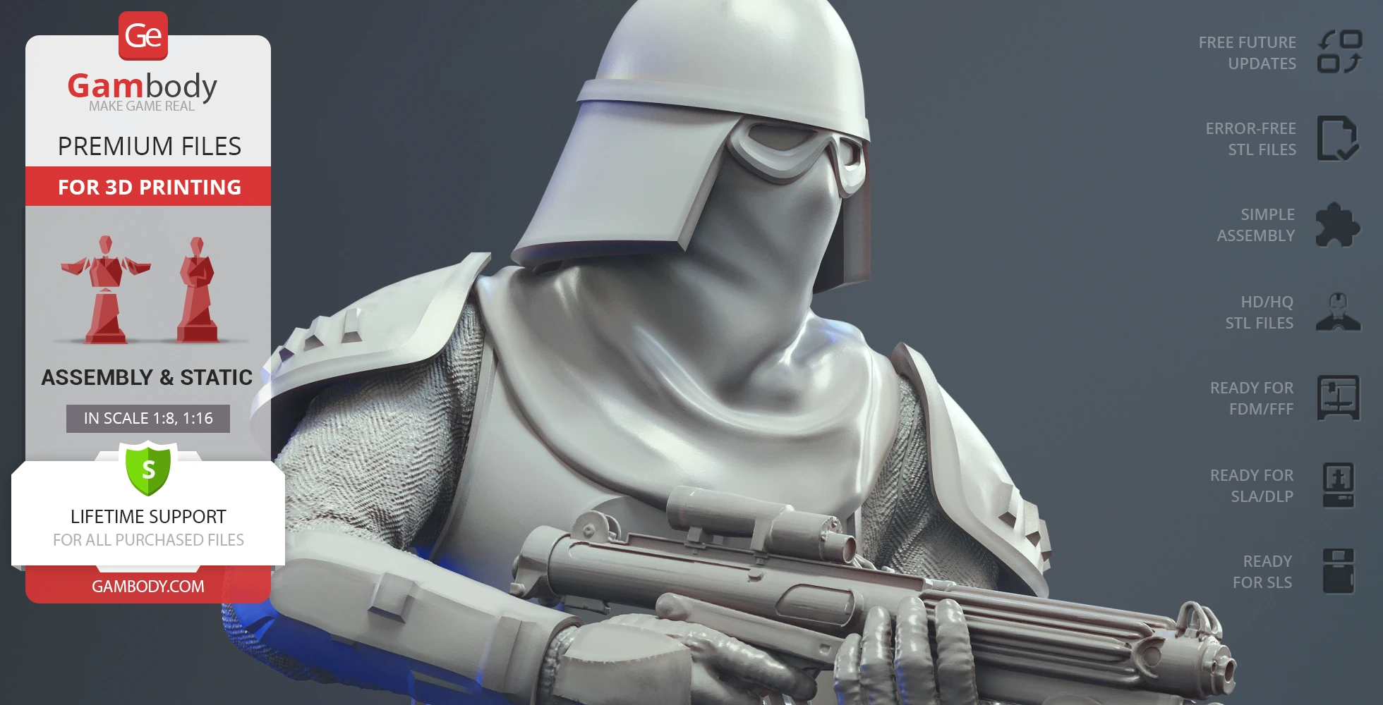 A detailed 3D model of a Snowtrooper holding a blaster, suitable for 3D printing.