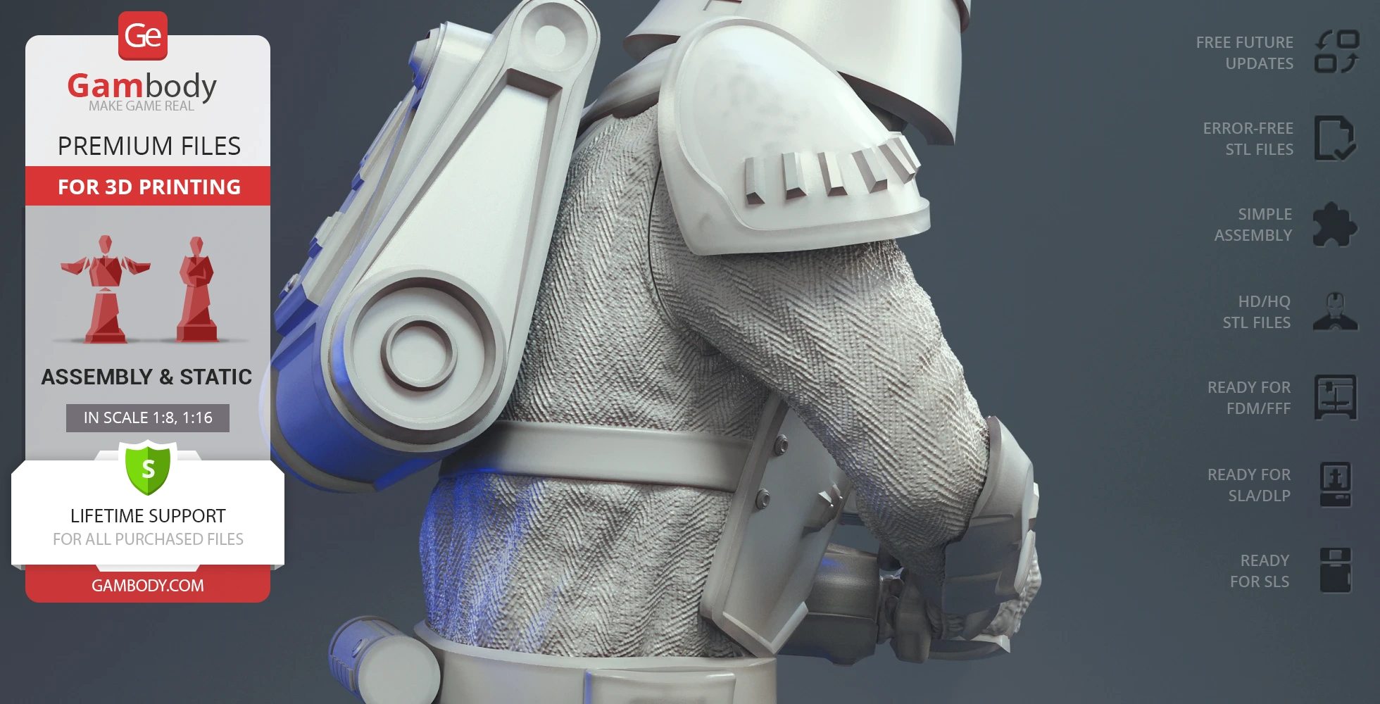 A detailed 3D model of a Snowtrooper from Star Wars, featuring armor and a backpack, ready for 3D printing.