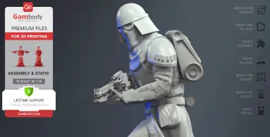 A 3D model of a Snowtrooper with blaster, ready for 3D printing, shown in side profile.