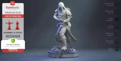 A detailed 3D model of a Snowtrooper from Star Wars, posed with a weapon, on a decorative base.
