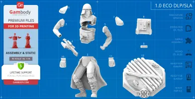 Disassembled Snowtrooper 3D model pieces for printing, labeled for assembly on a blueprint-style background.