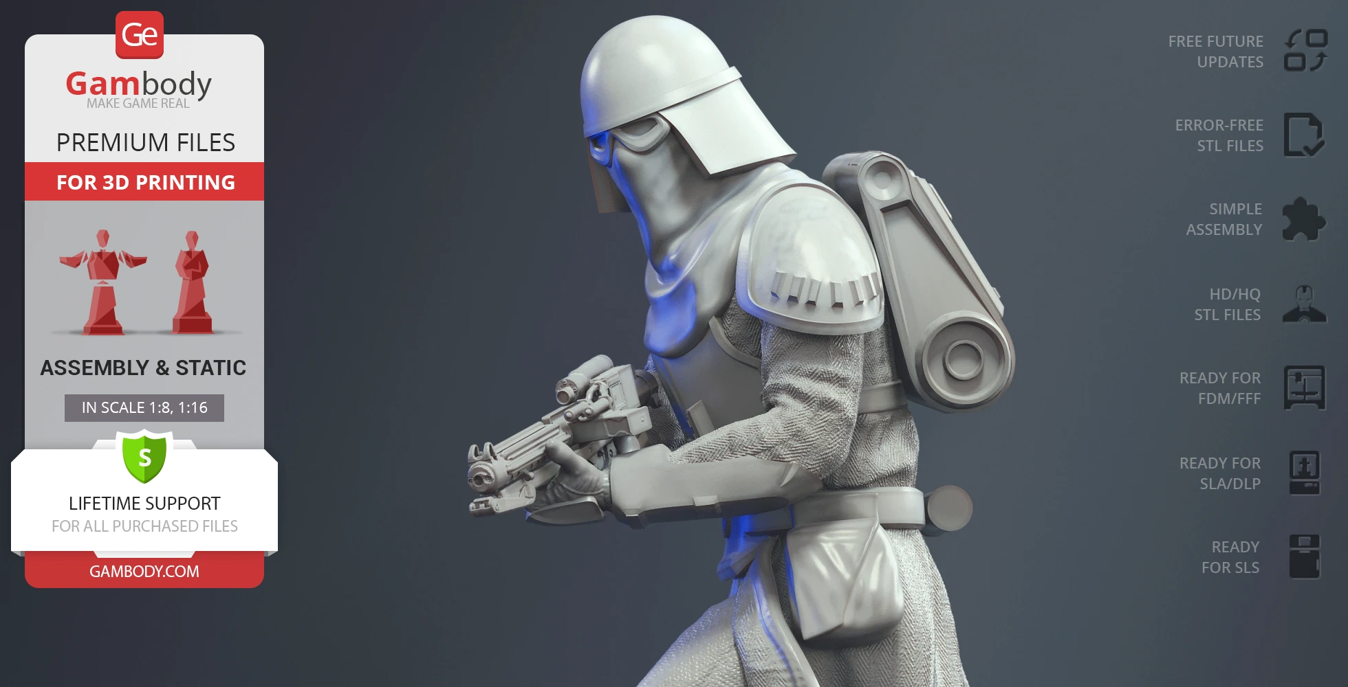 A 3D model of a Snowtrooper with blaster, ready for 3D printing, shown in side profile.