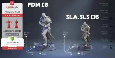 3D model of a Star Wars Snowtrooper in dynamic pose with measurements for 3D printing.