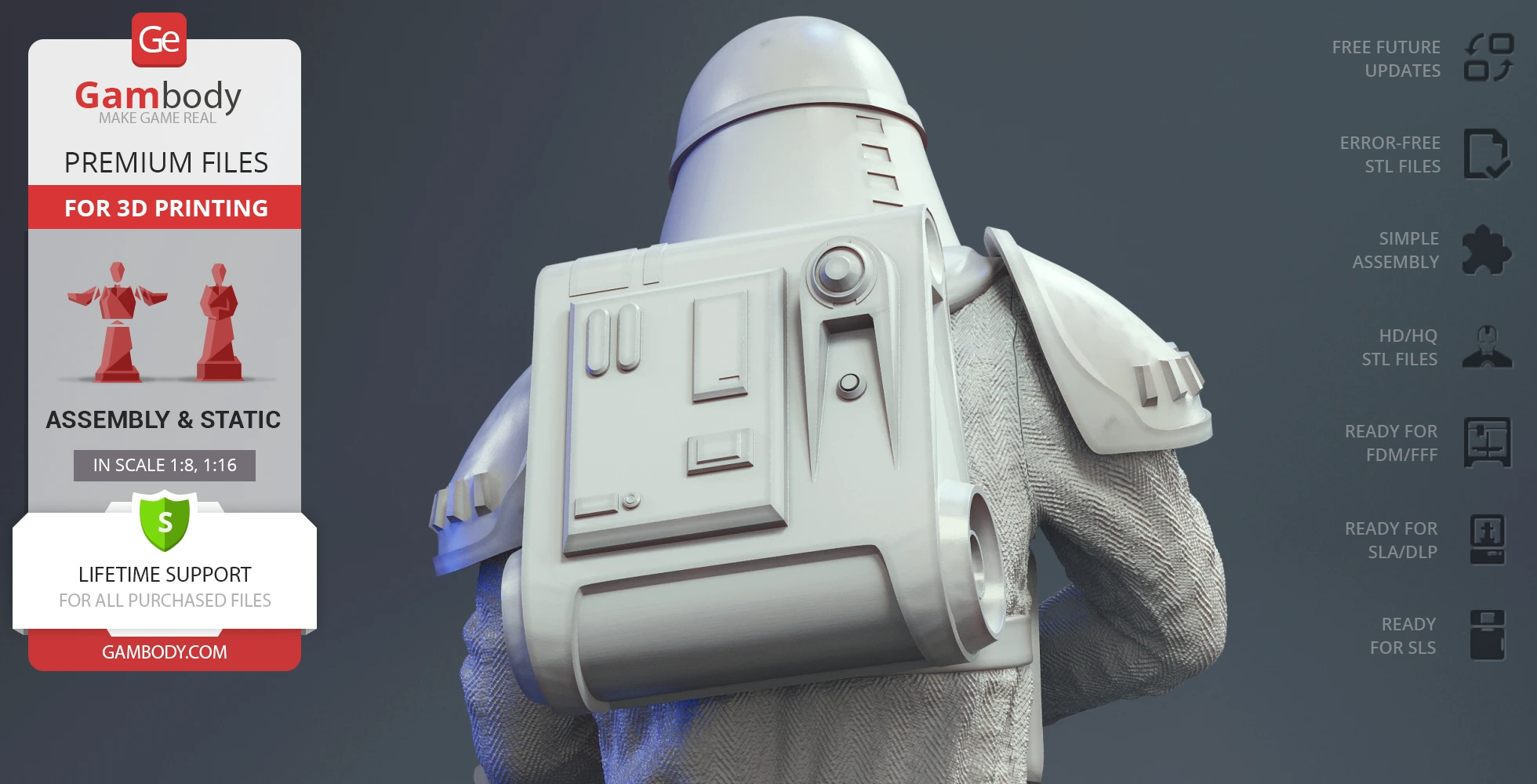 A 3D model of a Star Wars Snowtrooper with detailed armor and backpack gear.