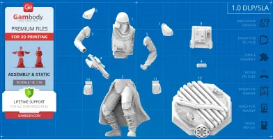 3D Snowtrooper model parts for printing, including torso, limbs, and accessories, displayed on a blueprint.