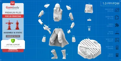 Disassembled Snowtrooper 3D model parts displayed for assembly and printing on a blueprint background.