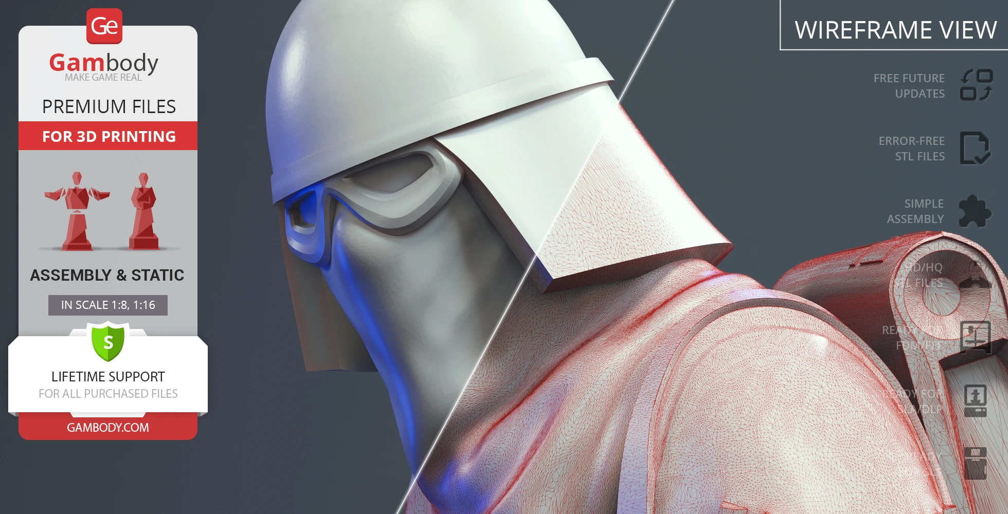 Snowtrooper 3D model from Star Wars with wireframe overlay, ready for 3D printing.