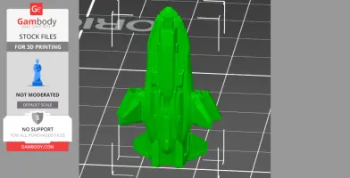 Green 3D model of a spacecraft with wings and a pointed nose, displayed on a grid platform.